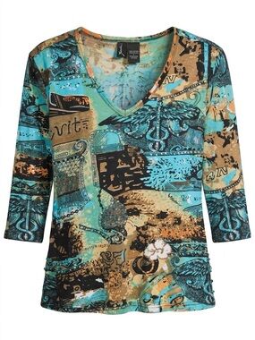 V-Neck Long Sleeve Top in Turquoise Multi